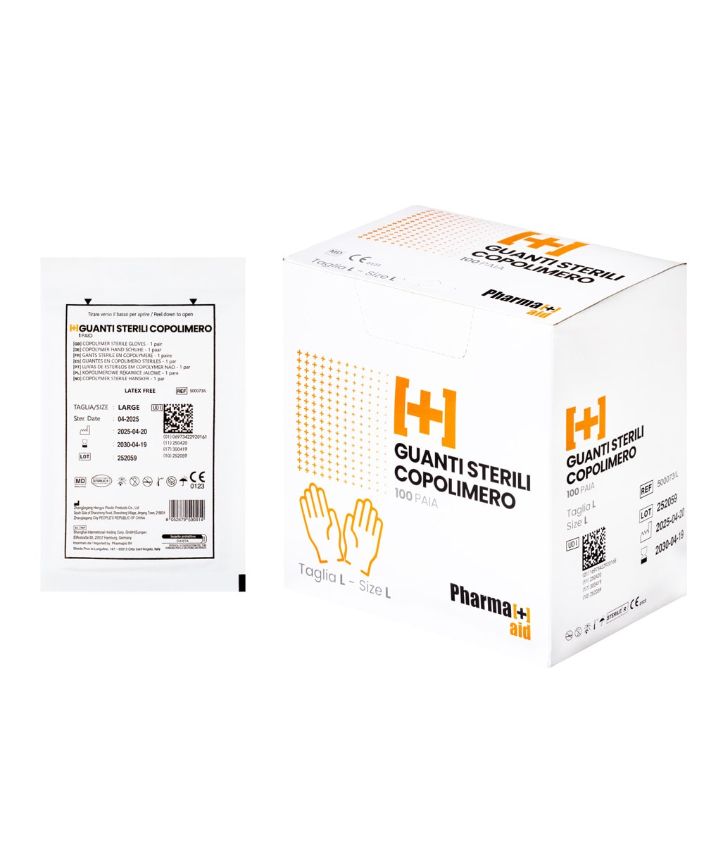 Guanto sterile trasparente in copolimero, privo di lattice, confezionato singolarmente in supporto carta e film, adatto per uso medico professionale.