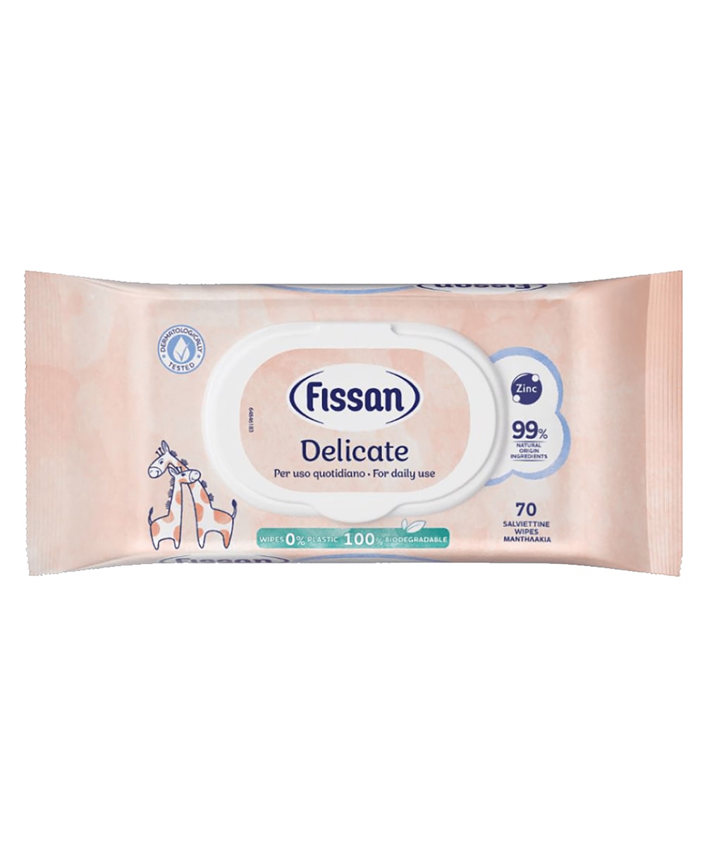 Salviette Delicate Fissan in confezione da 70 pezzi, biodegradabili al 100%, con il 99% di ingredienti di origine naturale. Ideali per un'igiene delicata e sicura, perfette per tutte le pelli.