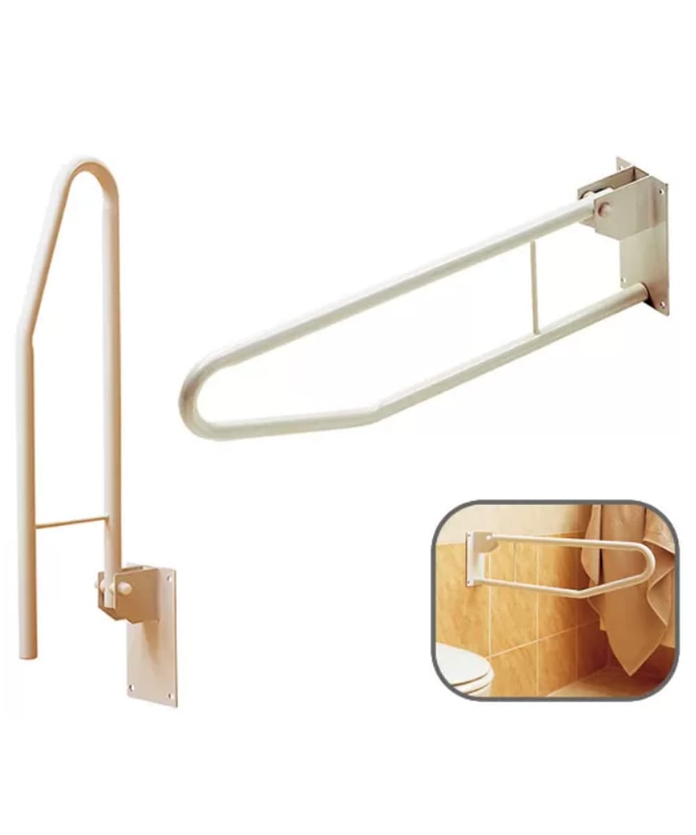 Foto nelle varie posizioni della Maniglia a ribalta per bagno, struttura in metallo robusto, ideale per anziani e disabili. Supporto sicuro e funzionale per l’utilizzo del WC