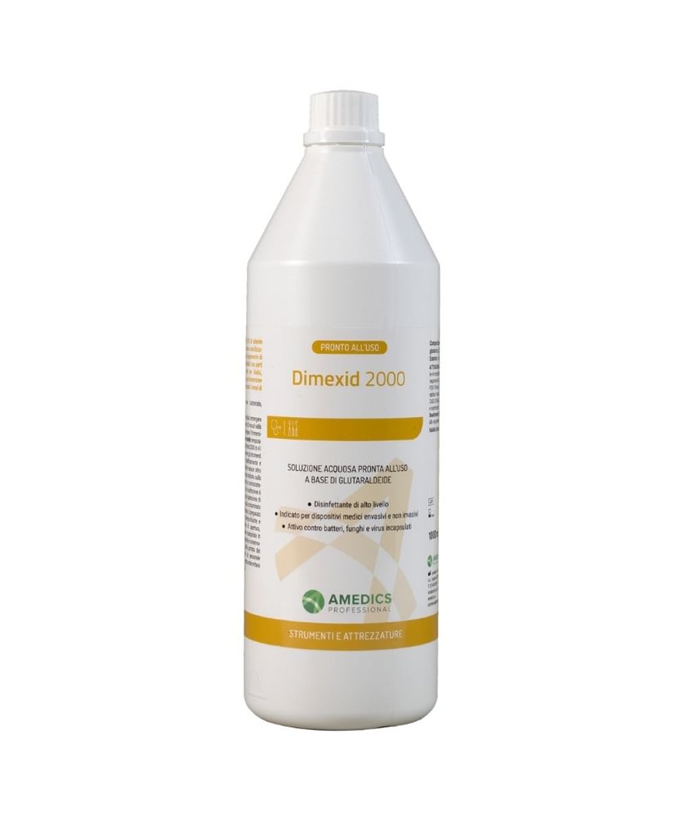 Immagine della soluzione disinfettante DIMEXID 2000 con glutaraldeide 2%, formulata per disinfezione professionale ad ampio spettro, sterilizzazione chimica a freddo e trattamento di strumenti medico-chirurgici termosensibili.