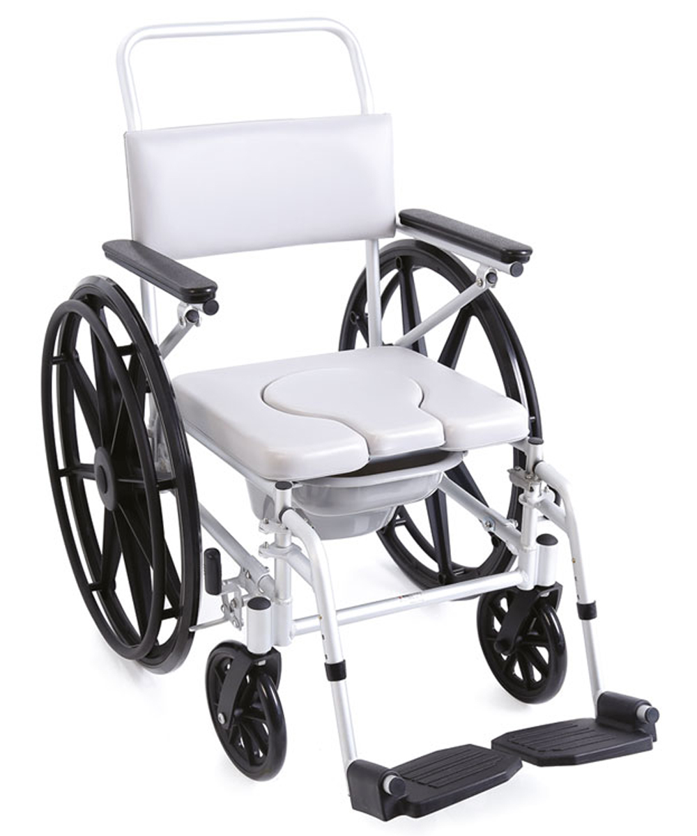 Carrozzina doccia e WC con telaio in alluminio leggero e resistente, braccioli e pedane regolabili.