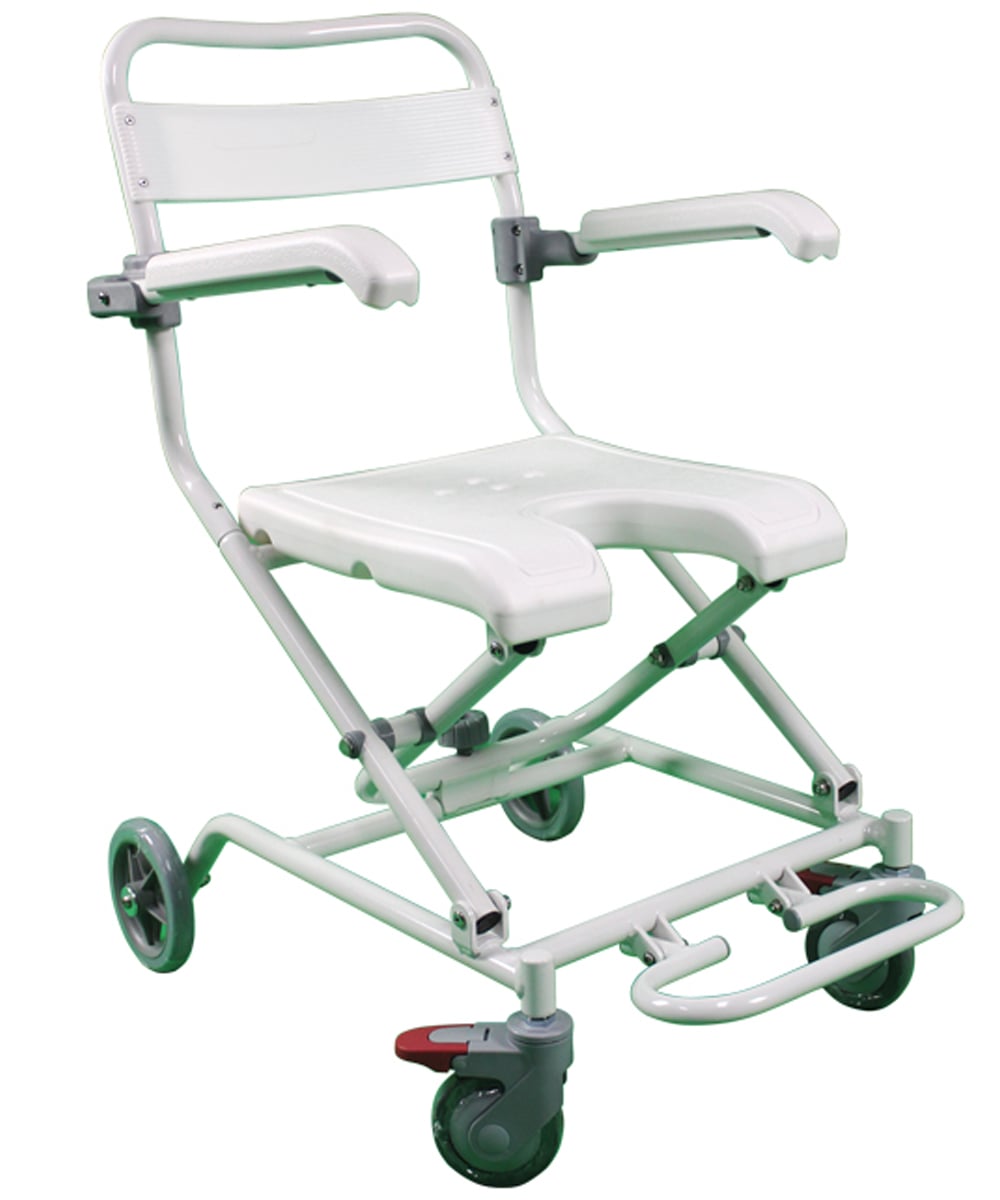 Sedia da doccia pieghevole con ruote in alluminio leggera e sicura, con seduta ergonomica in plastica e braccioli ribaltabili.