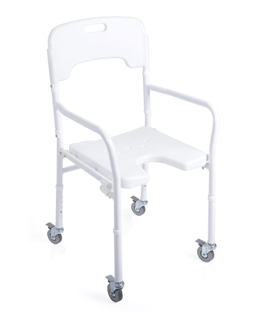 Sedia da doccia pieghevole con seduta ad U regolabile in altezza, struttura in alluminio antiruggine e ruote piroettanti con freno di sicurezza.