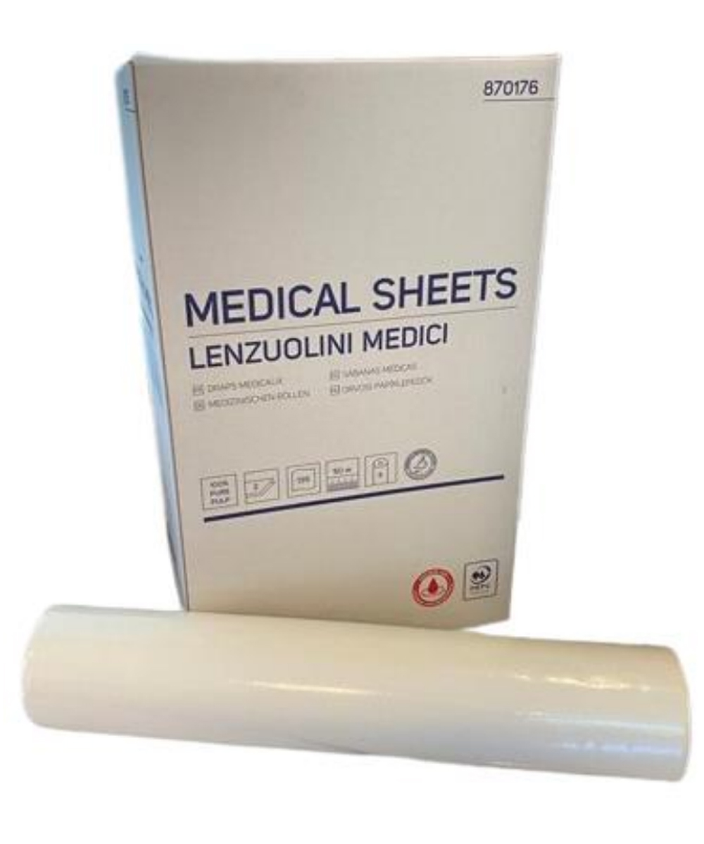Lenzuolini medici in pura cellulosa, colore bianco, altezza 590 mm, lunghezza 370 mm, due veli, 50 metri di lunghezza, trattamento batteriostatico.