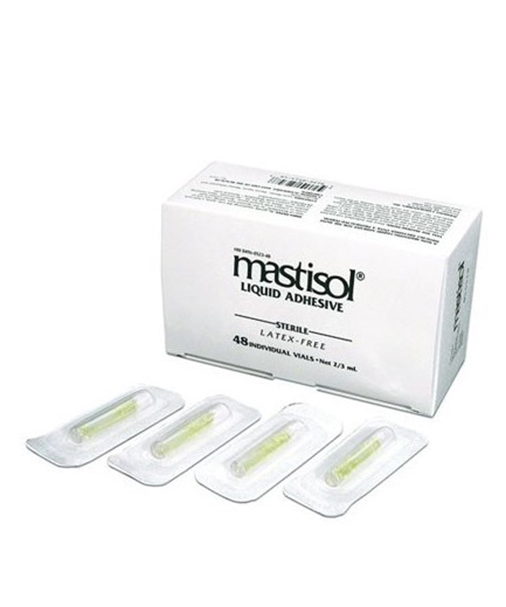 Liquido adesivo sterile trasparente in fiale monouso per medicazioni e dispositivi medici. Confezione da 48 unità da 0,66 cc ciascuna.