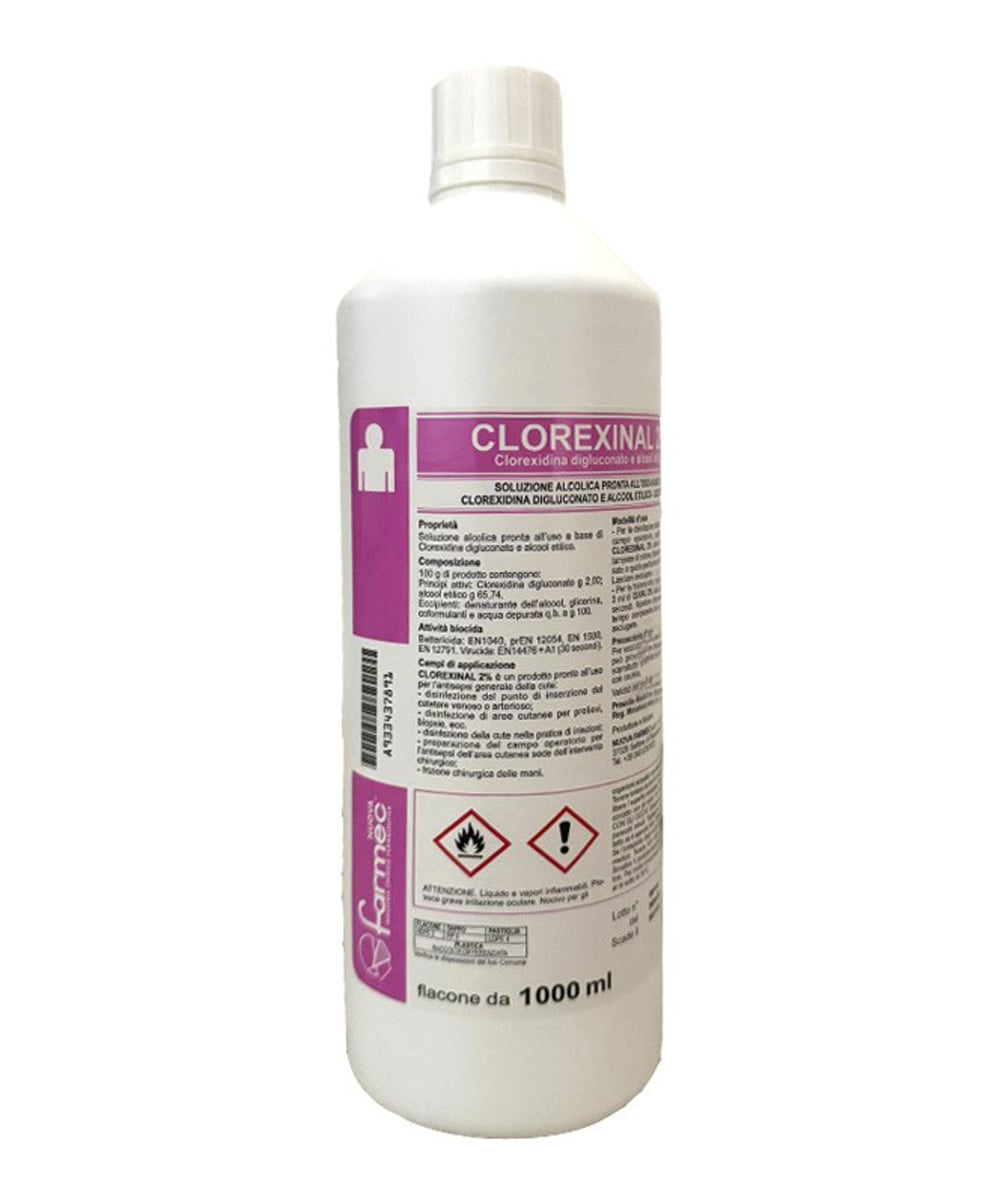 Disinfettante Clorexinal 2% flacone da 1000 ml, soluzione antisettica alcolica per uso esterno con azione efficace contro batteri, virus e lieviti.