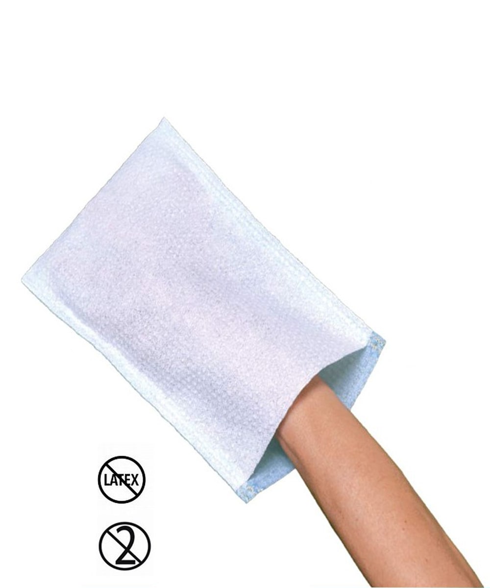 Manopola monouso in TNT saponata, pre-saponata con detergente a pH neutro per una detersione delicata e sicura della pelle dei pazienti allettati.