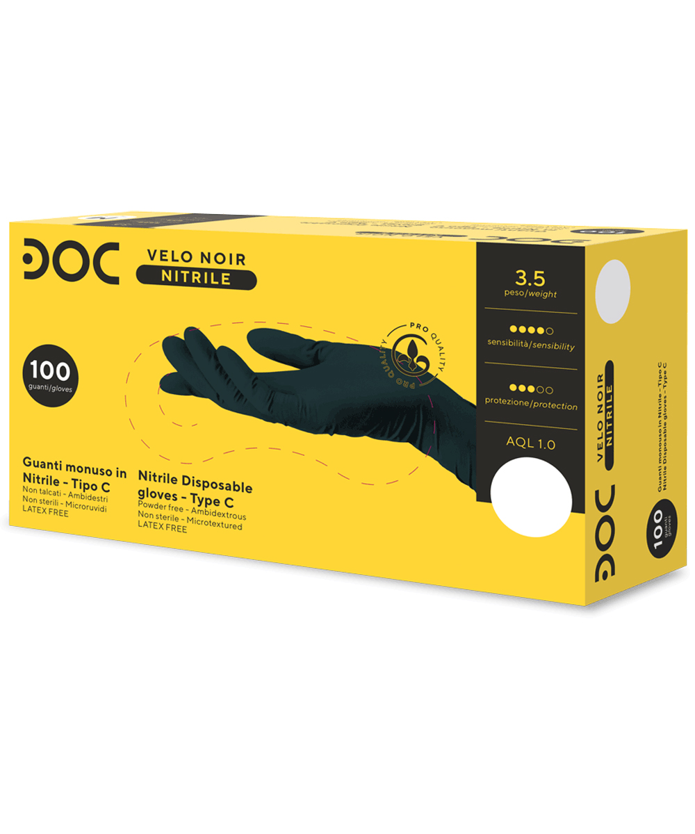 Guanti in nitrile neri senza talco, alta protezione, sensibilità tattile, certificati per uso medico, alimentare e DPI.