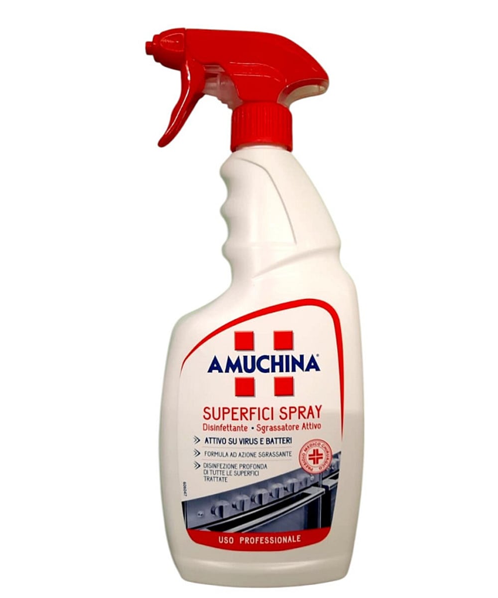 Immagine del flacone Amuchina Superfici Spray 750 ml, disinfettante sgrassatore per uso professionale e domestico, contro batteri, virus e lieviti.