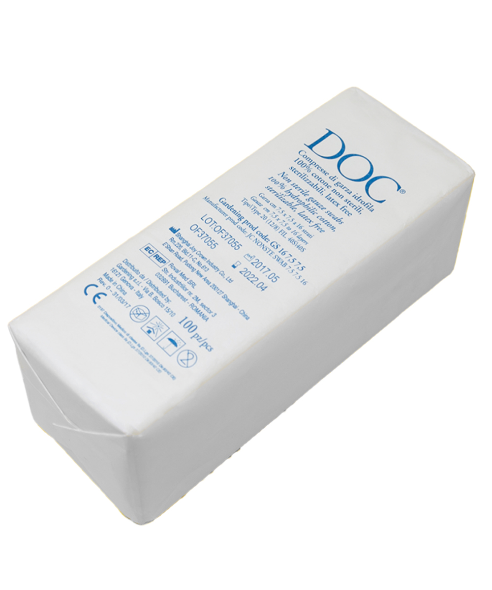 Compresse di garza non sterile in puro cotone idrofilo ad alto assorbimento, ideali per medicazioni chirurgiche temporanee, con colore bianco candido per alta visibilità.