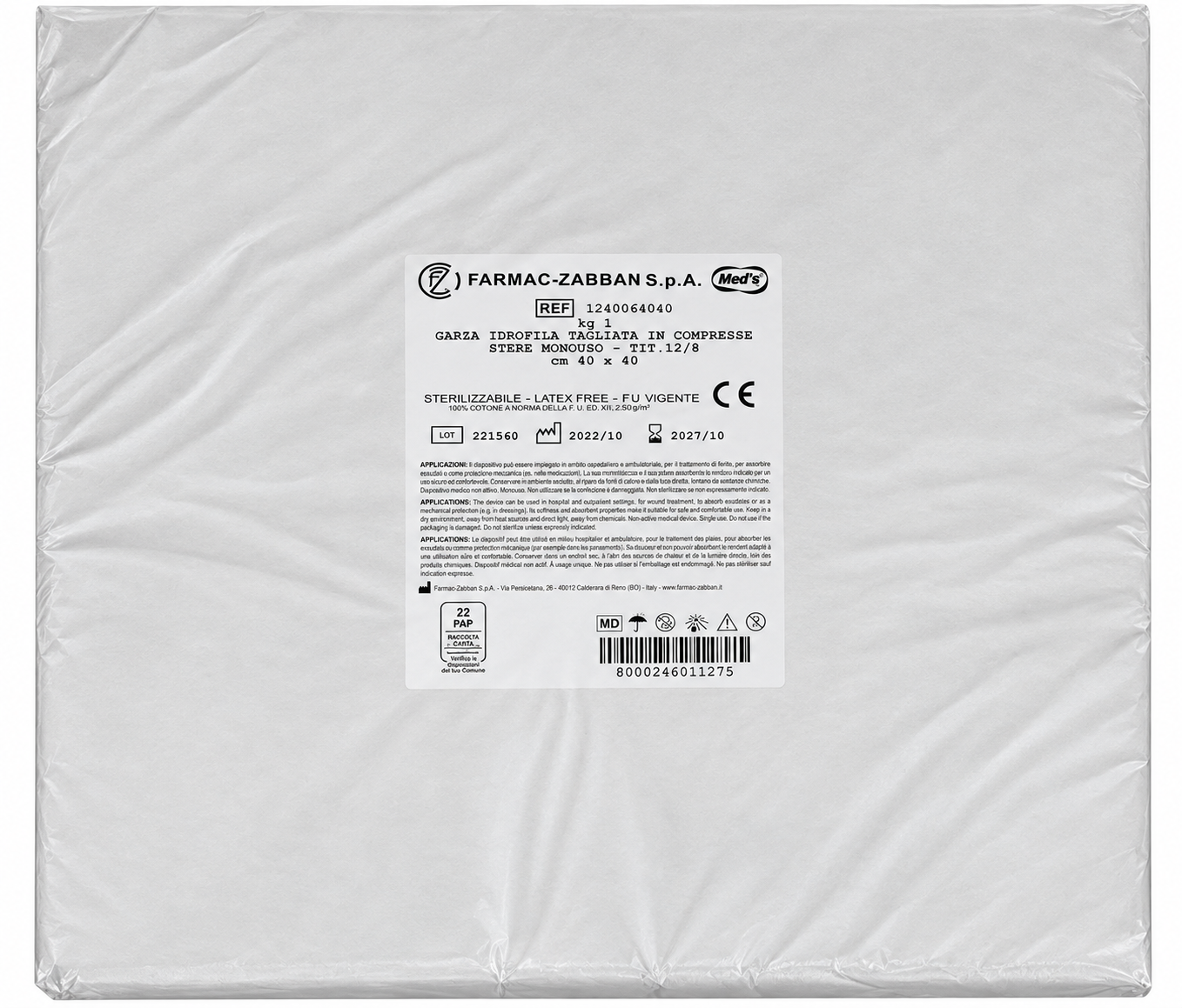 Garza compressa idrofila 12/8 in cotone 10x10 cm confezione 1 kg