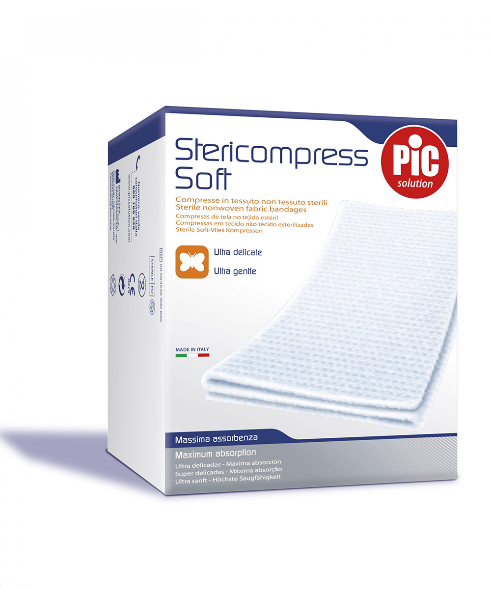Compresse TNT sterili 10x10 sigillate in buste termosaldate, ideali per copertura e protezione di ferite con elevata morbidezza e capacità assorbente.