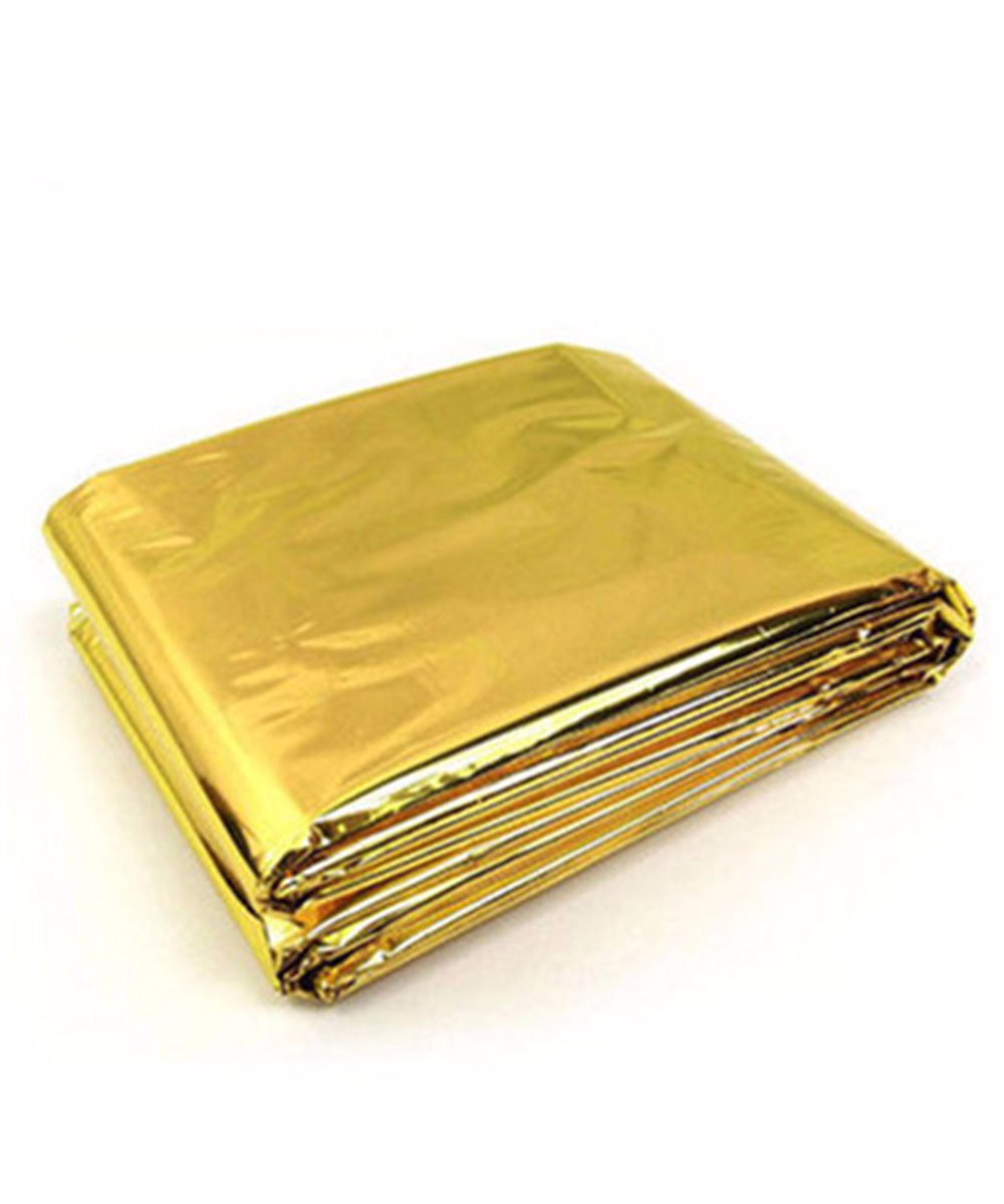 Coperta isotermica monouso oro argento 160x210 cm per adulti, realizzata in film di poliestere metallizzato resistente, impermeabile e radiotrasparente, indicata per emergenza e pronto soccorso.