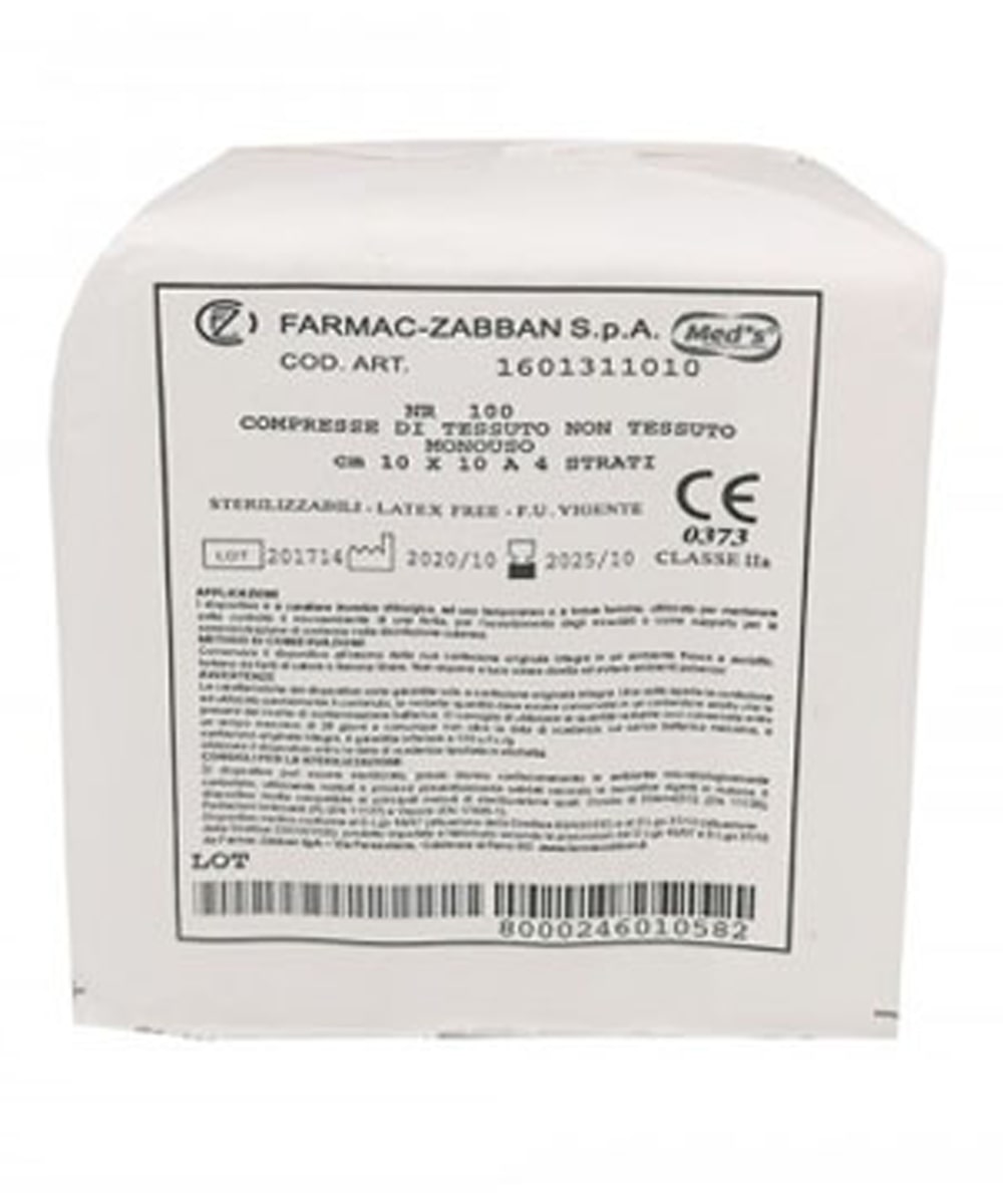Compresse piegate in TNT monouso 10x10 cm sterilizzabili, con e senza filo di bario, confezione da 100 pezzi per uso medico.