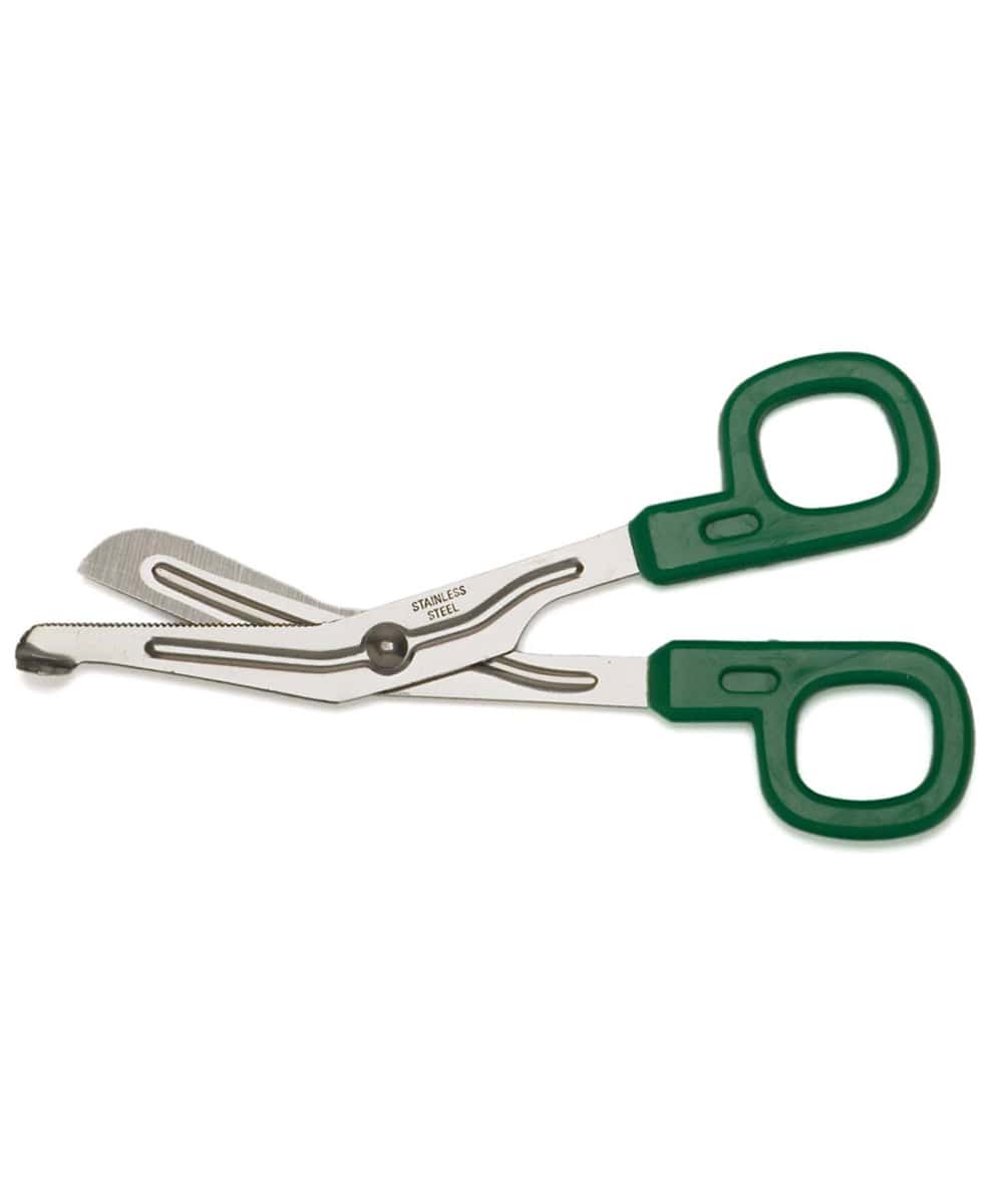 Forbici tagliabende Lister 14,5 cm in acciaio inox con manico ergonomico verde in ABS, ideali per tagliare bendaggi e medicazioni in sicurezza.