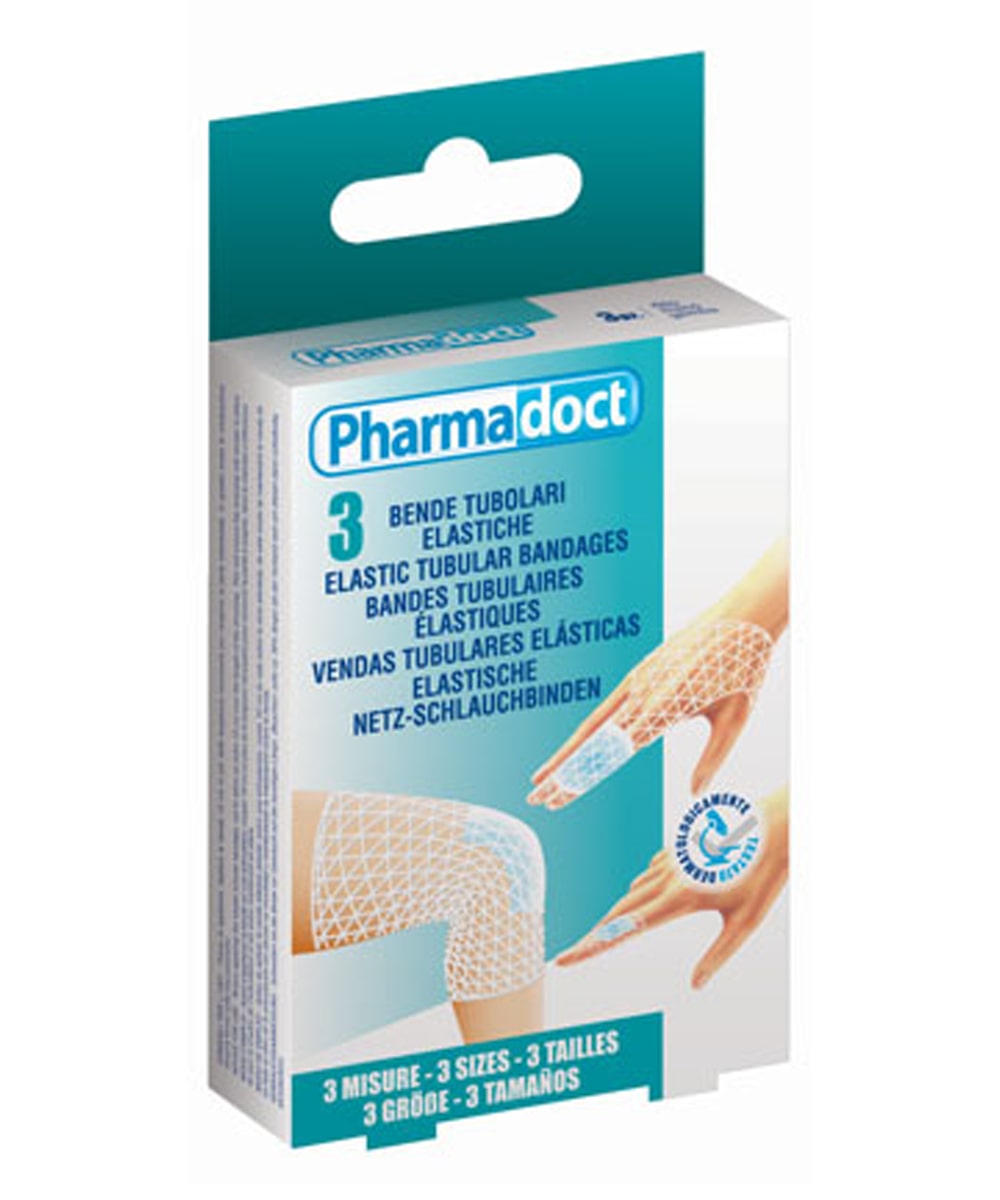 Rete elastica tubolare pretagliata in cotone bianco, confezione da 3 misure per fissaggio medicazioni su dito, mano e gamba.