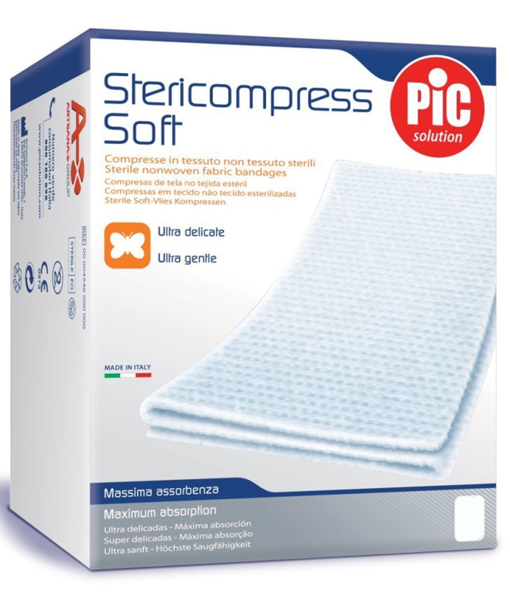 Compresse in TNT sterili 10×10 cm con 25 strati, confezione da 30 pezzi, ideali per medicazioni post-operatorie e ferite superficiali ad alta assorbenza.