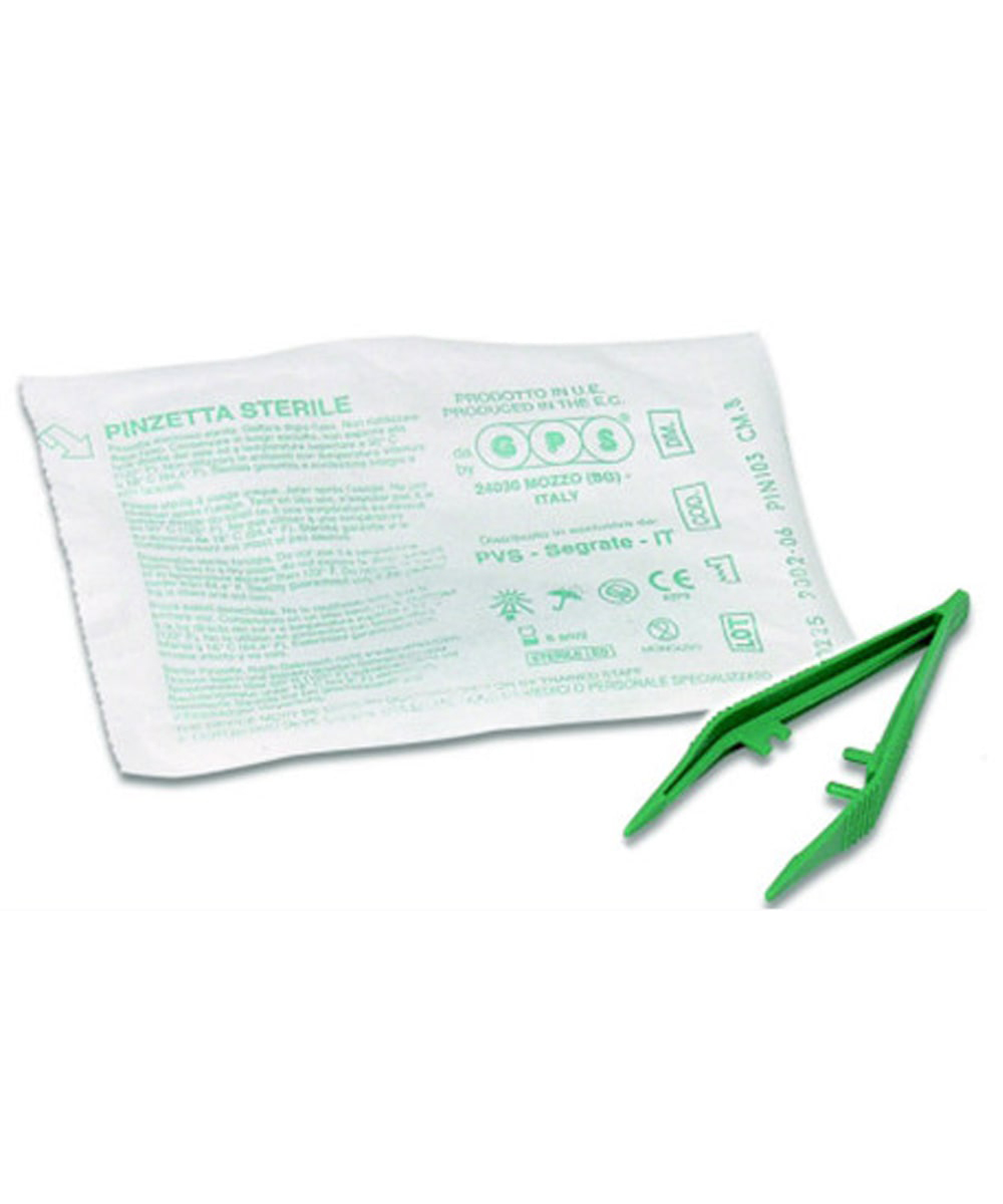 Pinzetta sterile monouso da 8 cm in plastica atossica, latex free, confezionata singolarmente per medicazioni e utilizzo professionale sanitario.