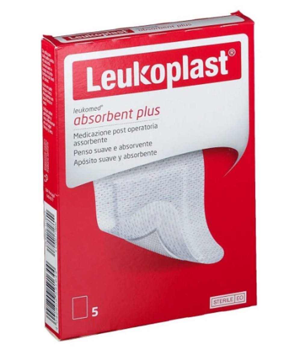 Confezione di 5 medicazioni Leukomed in TNT 8x10 cm, sterili, assorbenti, radiotrasparenti e ideali per ferite post-operatorie.


