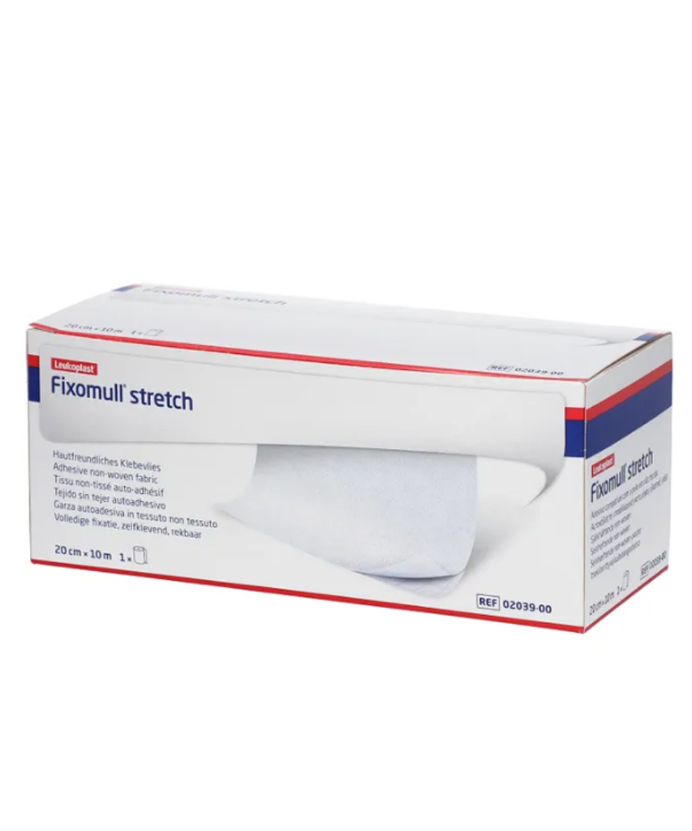 Fixomull® Stretch bendaggio autoadesivo ipoallergenico 20 cm x 10 m, ideale per fissaggio sicuro e confortevole di medicazioni e dispositivi medici.