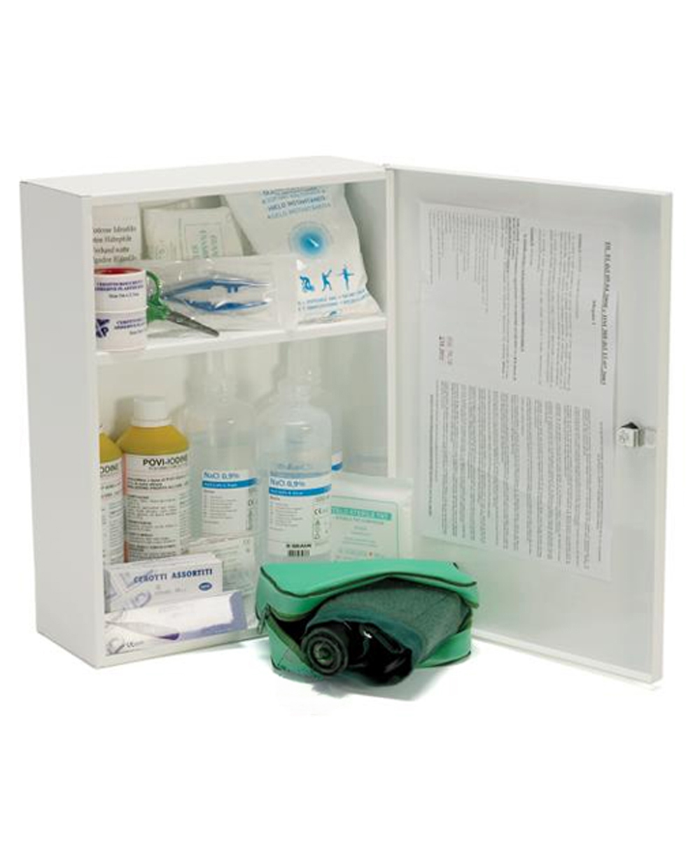 Armadio di primo soccorso in metallo bianco con serratura, resistente alla corrosione, completo di contenuto conforme alle normative aziendali AB.