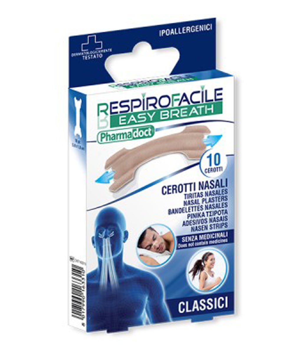 Cerotti nasali Respiro Facile per respiro libero, utili contro russamento e congestione. Ideali per sport e benessere quotidiano.