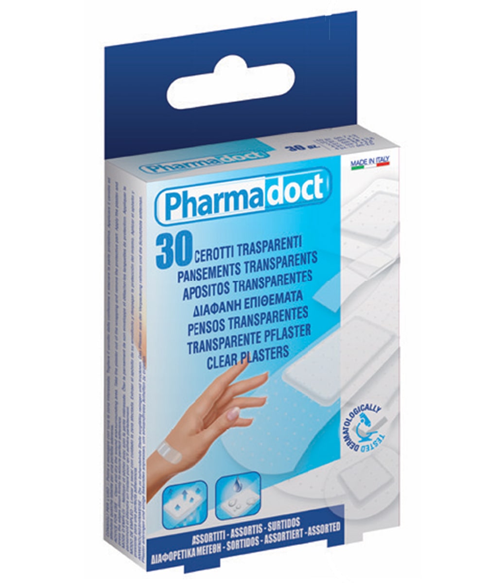 Confezione di cerotti trasparenti assortiti Classic 30 pezzi in cinque formati, con supporto in PE-EVA, adesivo resistente e garza antiaderente.