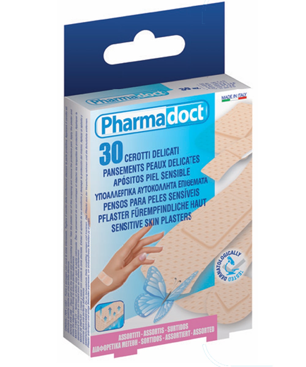 Cerotti in TNT color pelle con garza antiaderente, morbidi e traspiranti, confezione assortita da 30 pezzi in varie dimensioni.