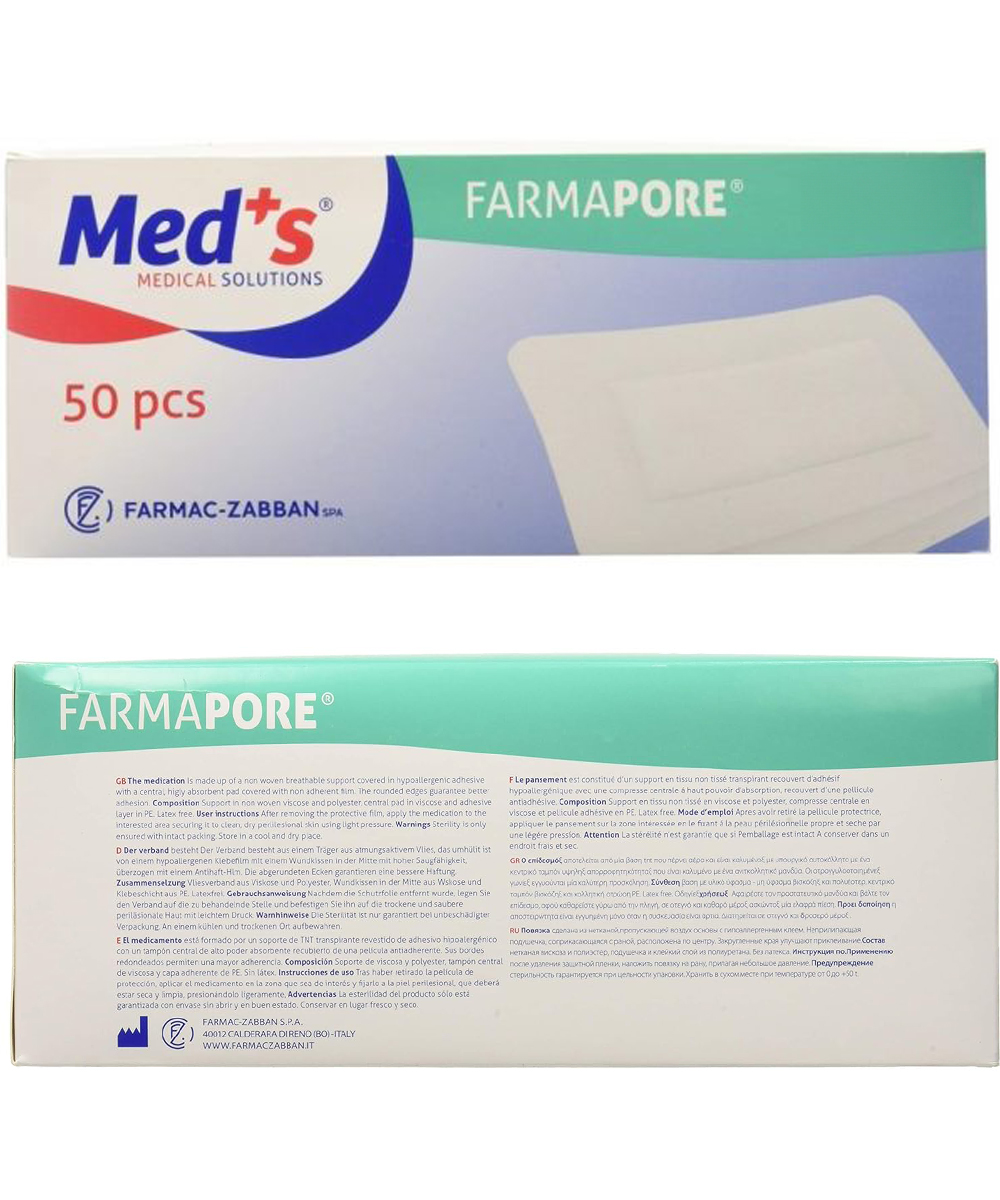 medicazione adesiva sterile FARMAPORE 10x25 cm, ipoallergenica e traspirante, ideale per proteggere ferite in modo sicuro e confortevole.