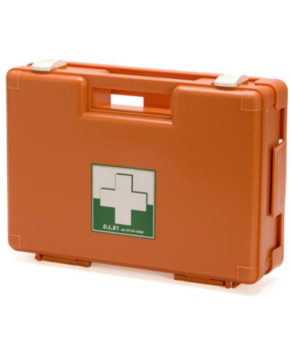 Kit di primo soccorso per aziende del Gruppo C. Robusta valigetta arancione in polipropilene con guanti, garze, cerotti, soluzioni e altri dispositivi medici.
