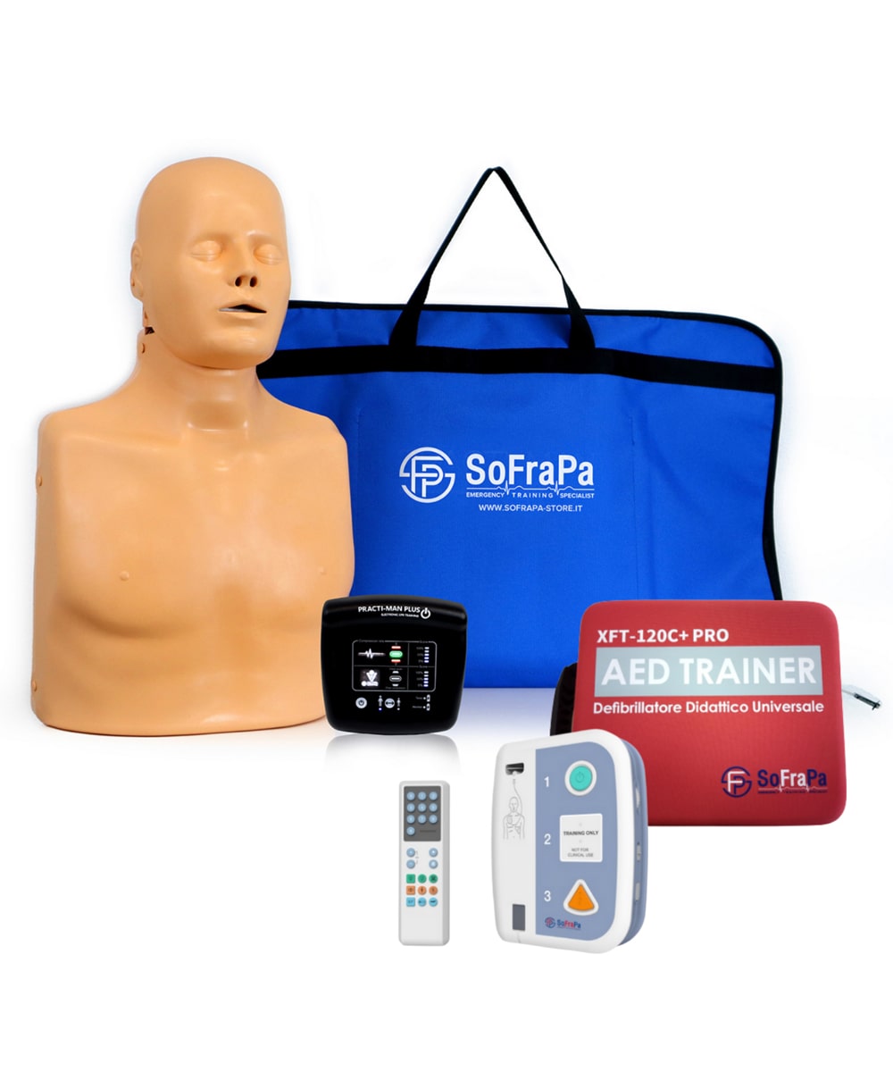 Kit Istruttore BLSD Duo Pack Platinum completo di manichino Practi-Man Plus con console digitale e defibrillatore didattico AED Trainer PRO.