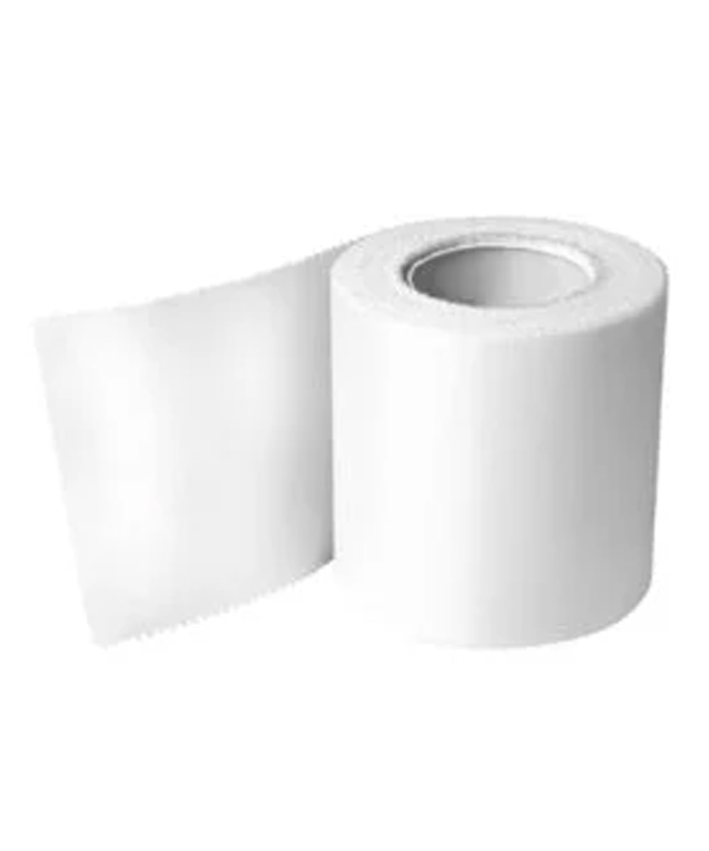 Cerotto adesivo su rocchetto da 5 metri, colore bianco, in TNT traspirante e ipoallergenico, ideale per uso ospedaliero e ambulatoriale.