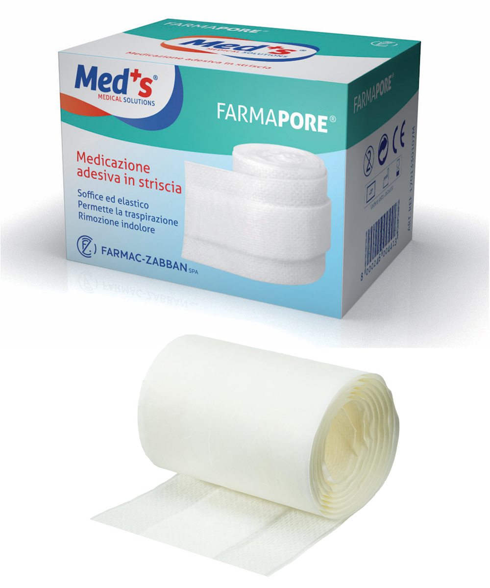 Medicazione adesiva Farmapore 1m x 4 cm in tessuto traspirante, elastica e priva di lattice, ideale per la protezione delle ferite.