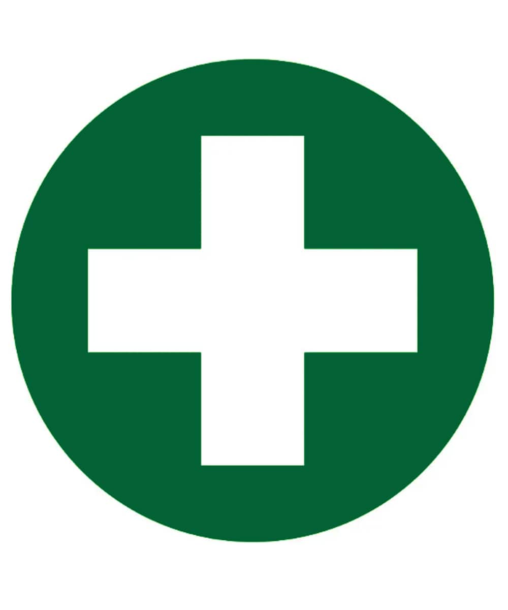 Croce adesiva bianca su fondo verde Ø12 cm, simbolo di pronto soccorso ad alta visibilità, adatta a ospedali, ambulatori e ambienti aziendali.