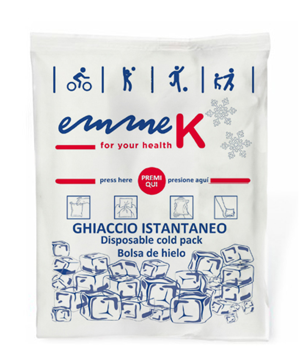 Ghiaccio istantaneo monouso Easy Ice EMMEK, dispositivo medico di classe II, ideale per ridurre dolore e gonfiore da traumi e contusioni. Attivazione facile e trasporto pratico.
