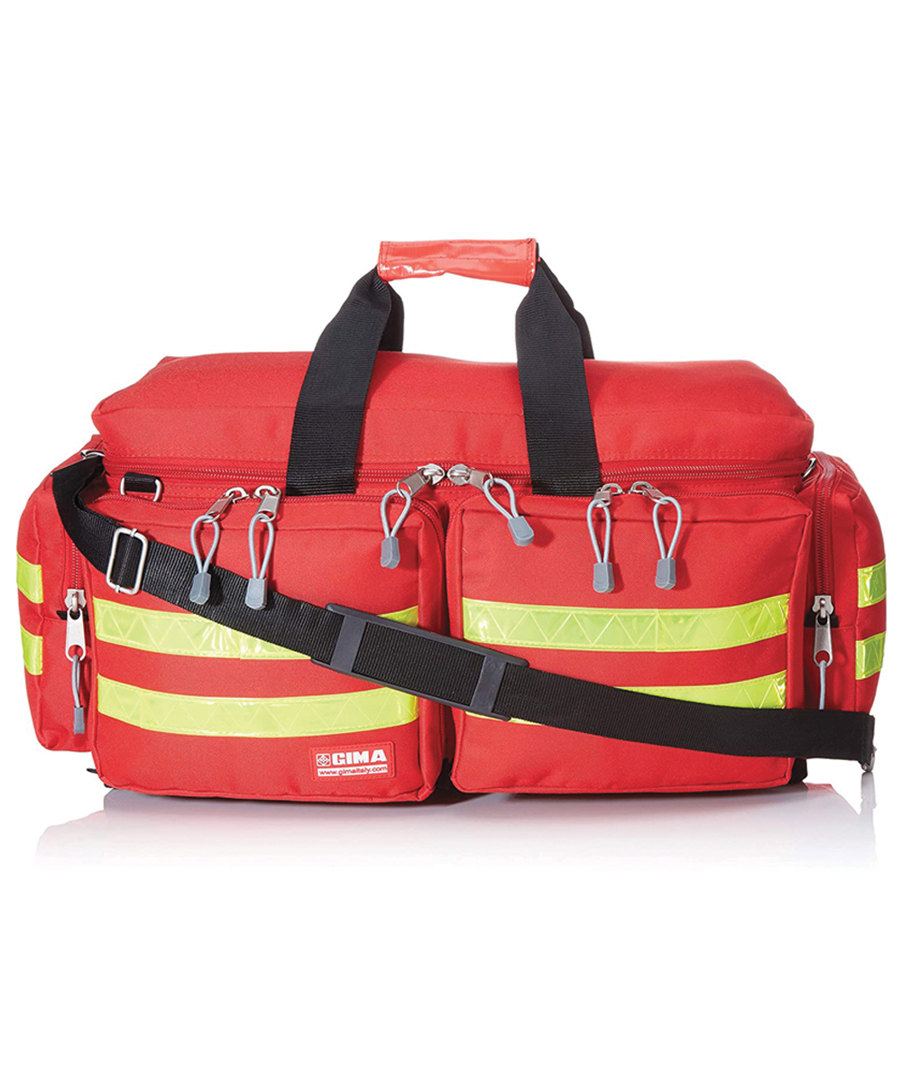 Borsa d'emergenza professionale grande in poliestere rosso, con sei compartimenti modulari, cinque tasche esterne e fondo impermeabile.