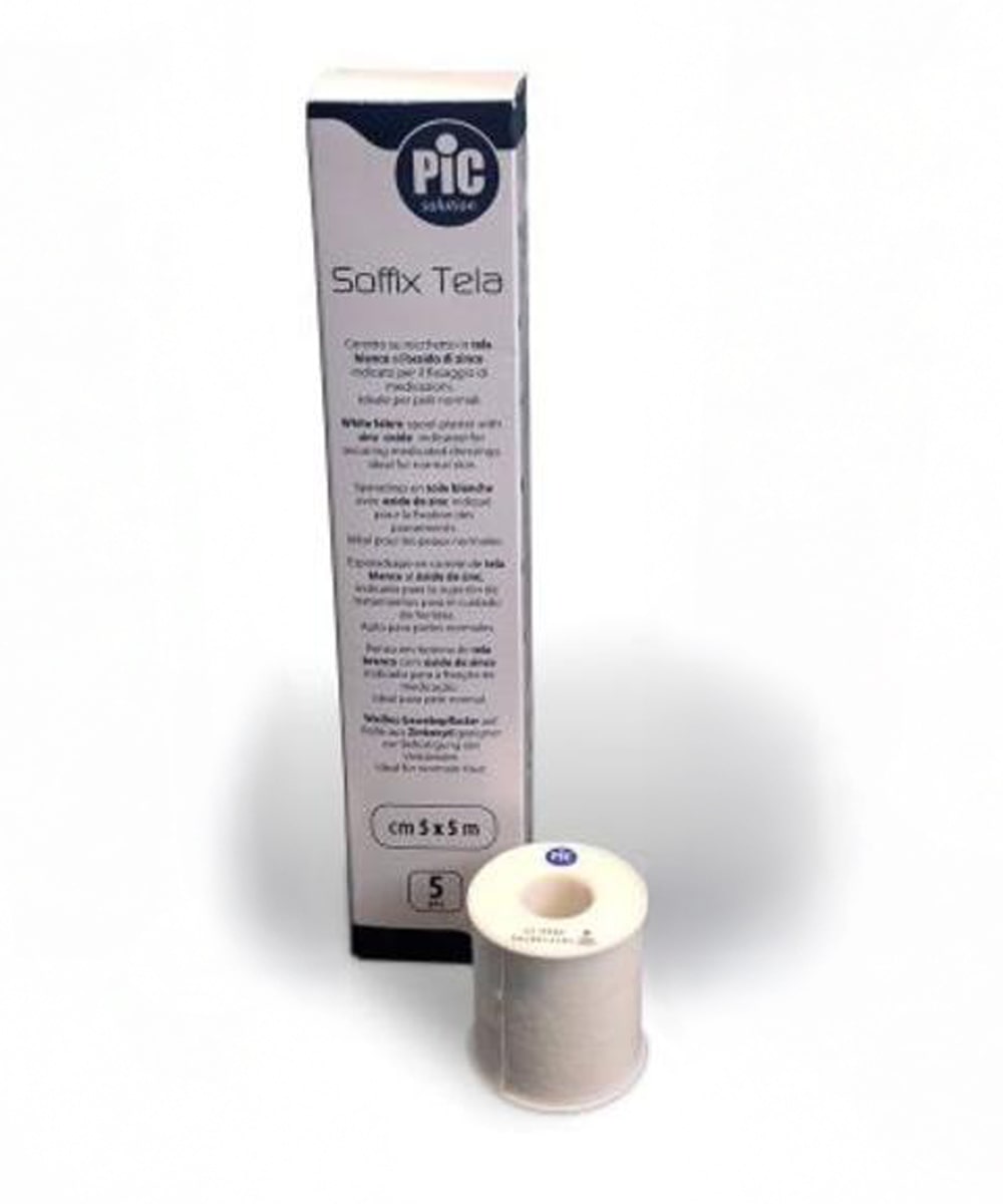 Cerotto Soffix-Tela su rocchetto bianco 100%, adesivo all’ossido di zinco, ideale per fissaggio medico professionale, traspirante e resistente.