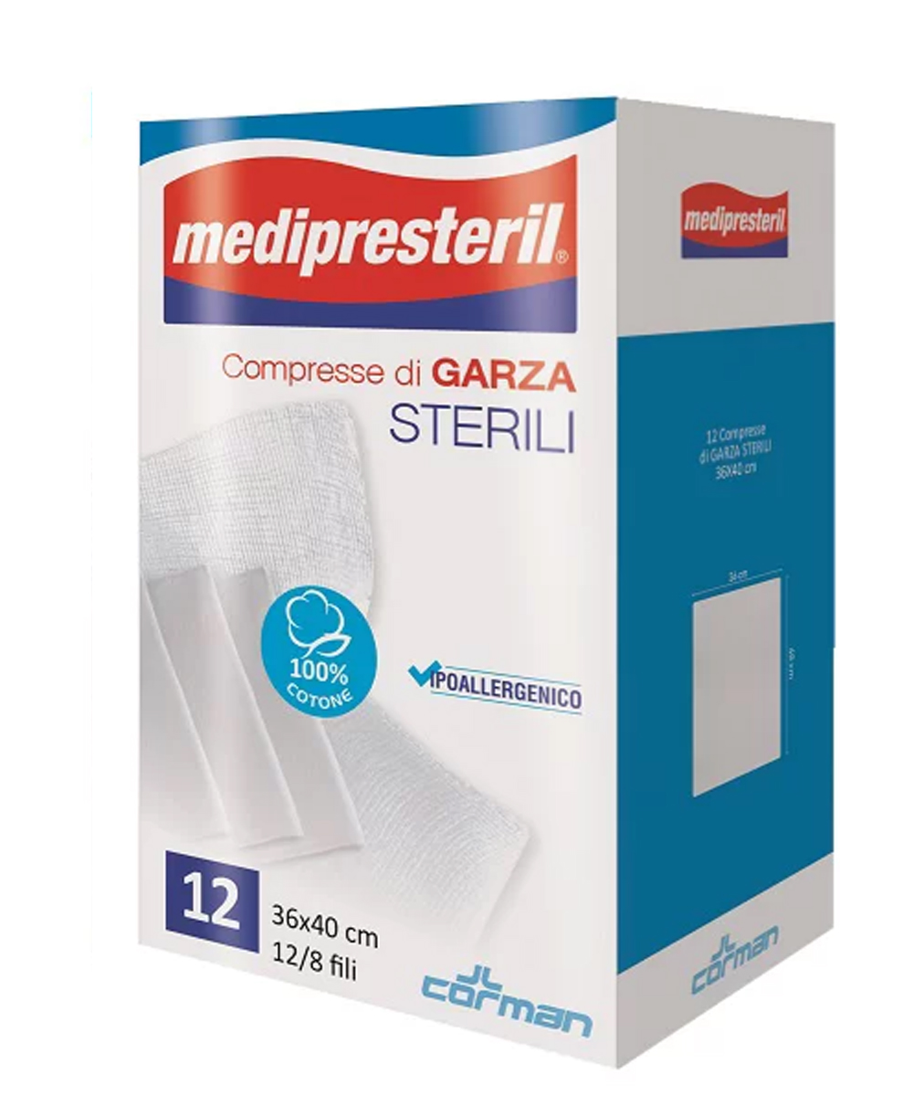 Confezione da 12 garze sterili Medi Presteril 36x40 cm in cotone idrofilo, adatte per medicazioni e protezione delle ferite.