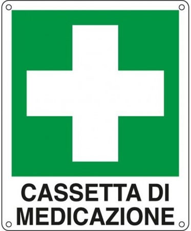 Cartello per cassetta medicazione cm. 21x16, adesivo, in metallo 