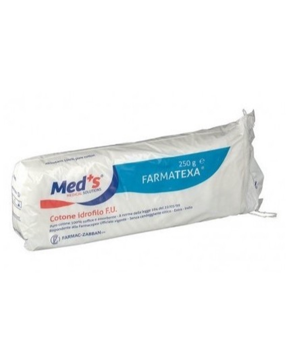 Cotone idrofilo Meds Farmatexa F.U. 250g, puro cotone 100%, soffice e assorbente, perfetto per medicazioni e fasciature igieniche.