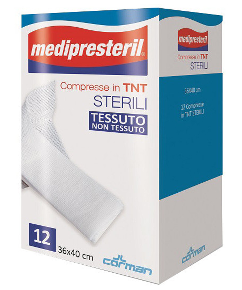 Compresse in TNT Medipresteril, confezione da 12 pezzi, 36x40 cm. Ideali per medicazioni sterili su ferite e piaghe, con tessuto morbido e assorbente.
