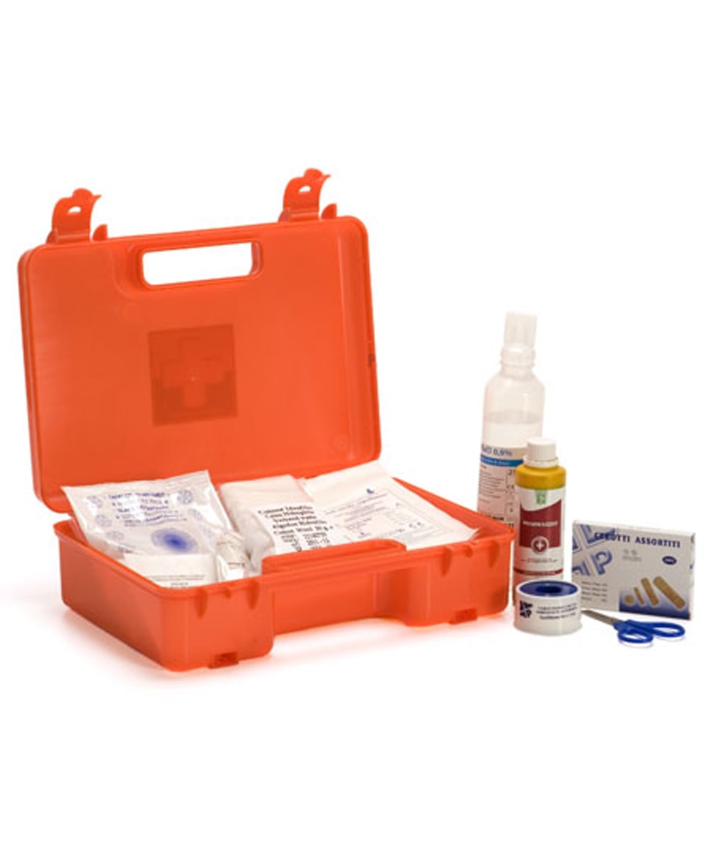 Cassetta pronto soccorso arancio EUROVALIGIA con contenuto completo conforme Gruppo C, ideale per ambienti lavorativi e operatori mobili.