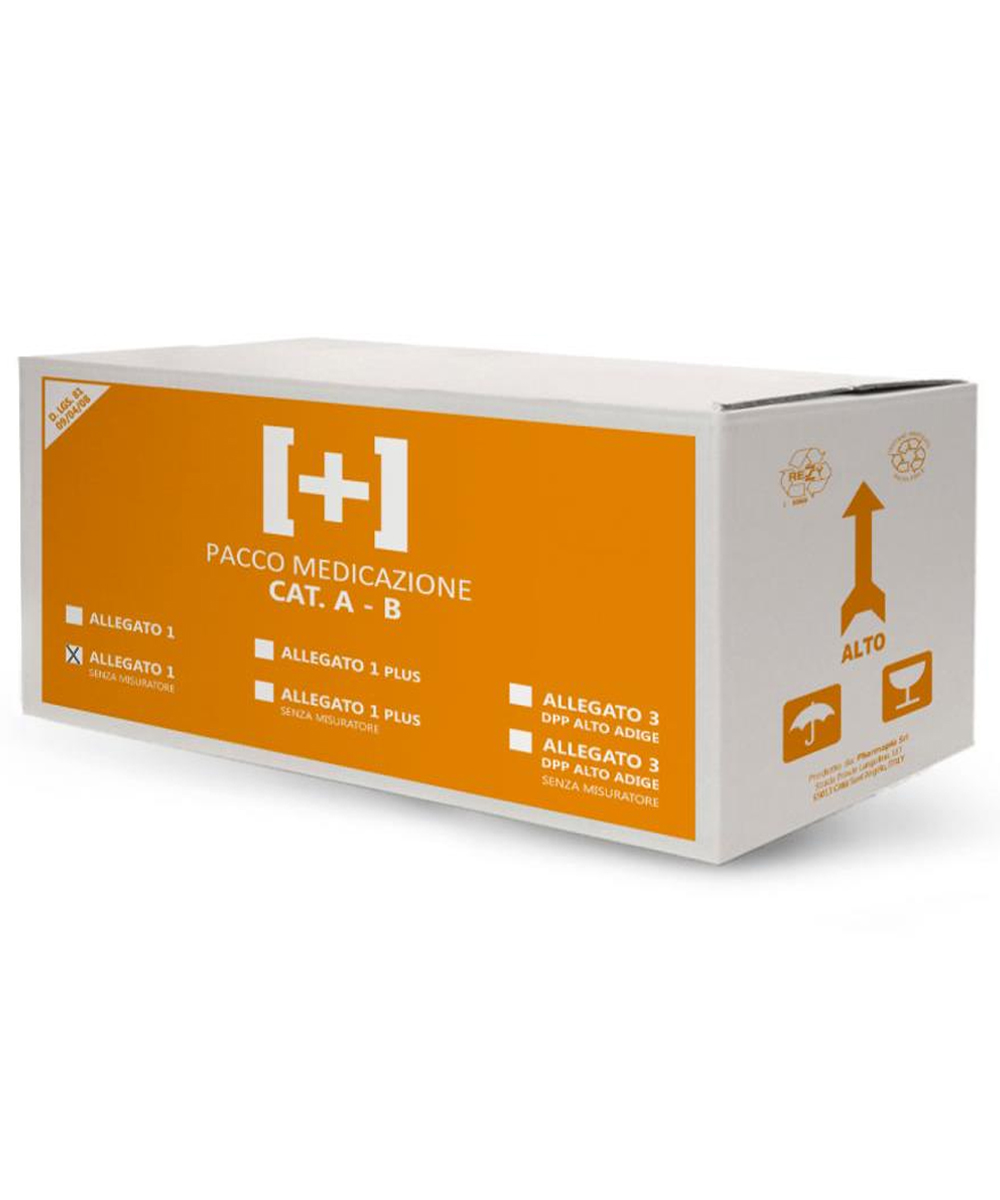 Pacco di reintegro Gruppo AB con sfigmomanometro digitale e dispositivi medici per interventi urgenti in contesti aziendali.