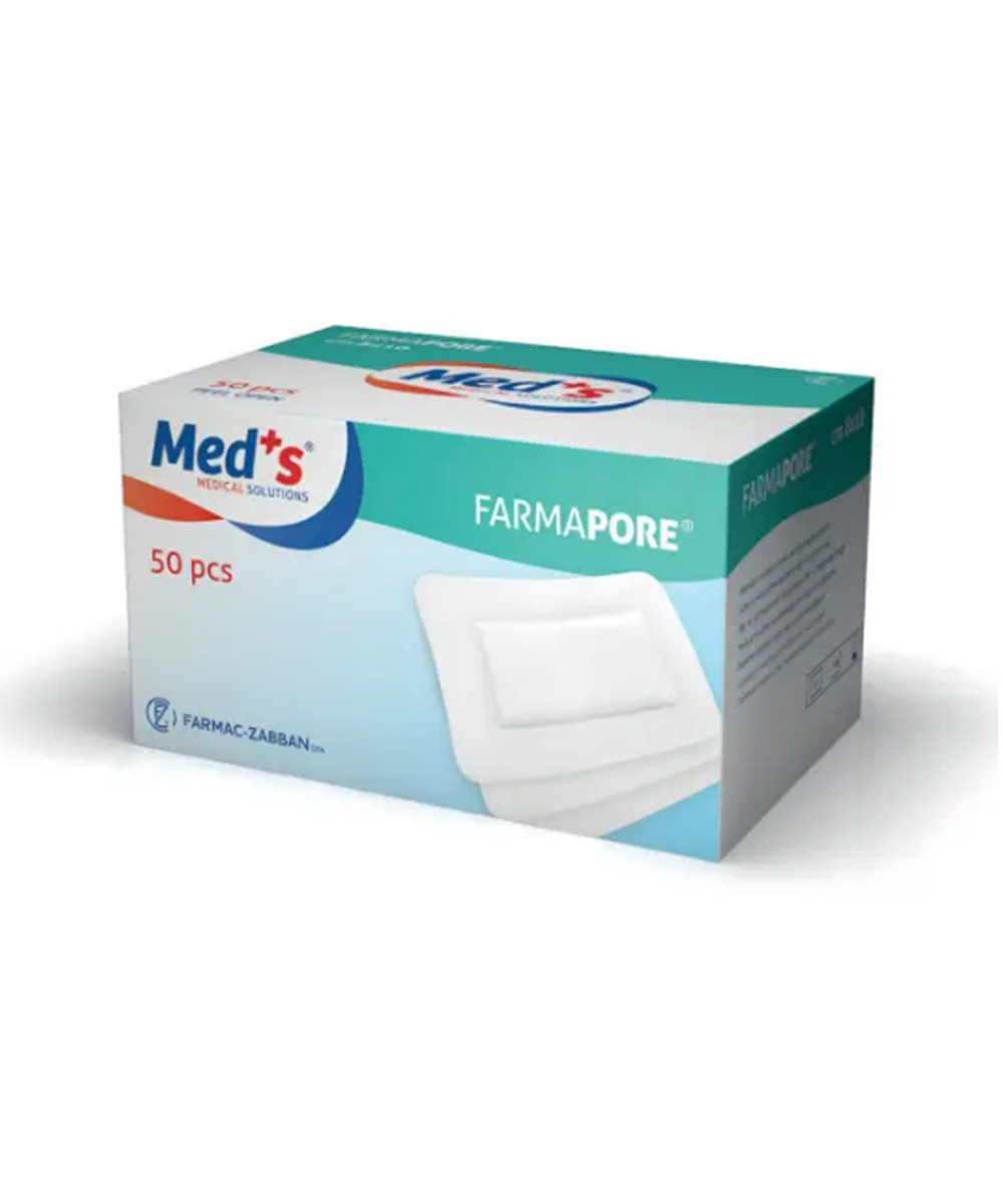 FarmaPORE, cerotto adesivo 10x10 cm in TNT, alta capacità assorbente, ipoallergenico, traspirante, con angoli arrotondati per un comfort ottimale.