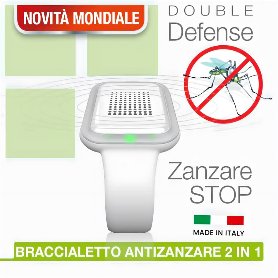 Braccialetto antizanzare DOUBLE DEFENSE con emissioni soniche e ultrasoniche