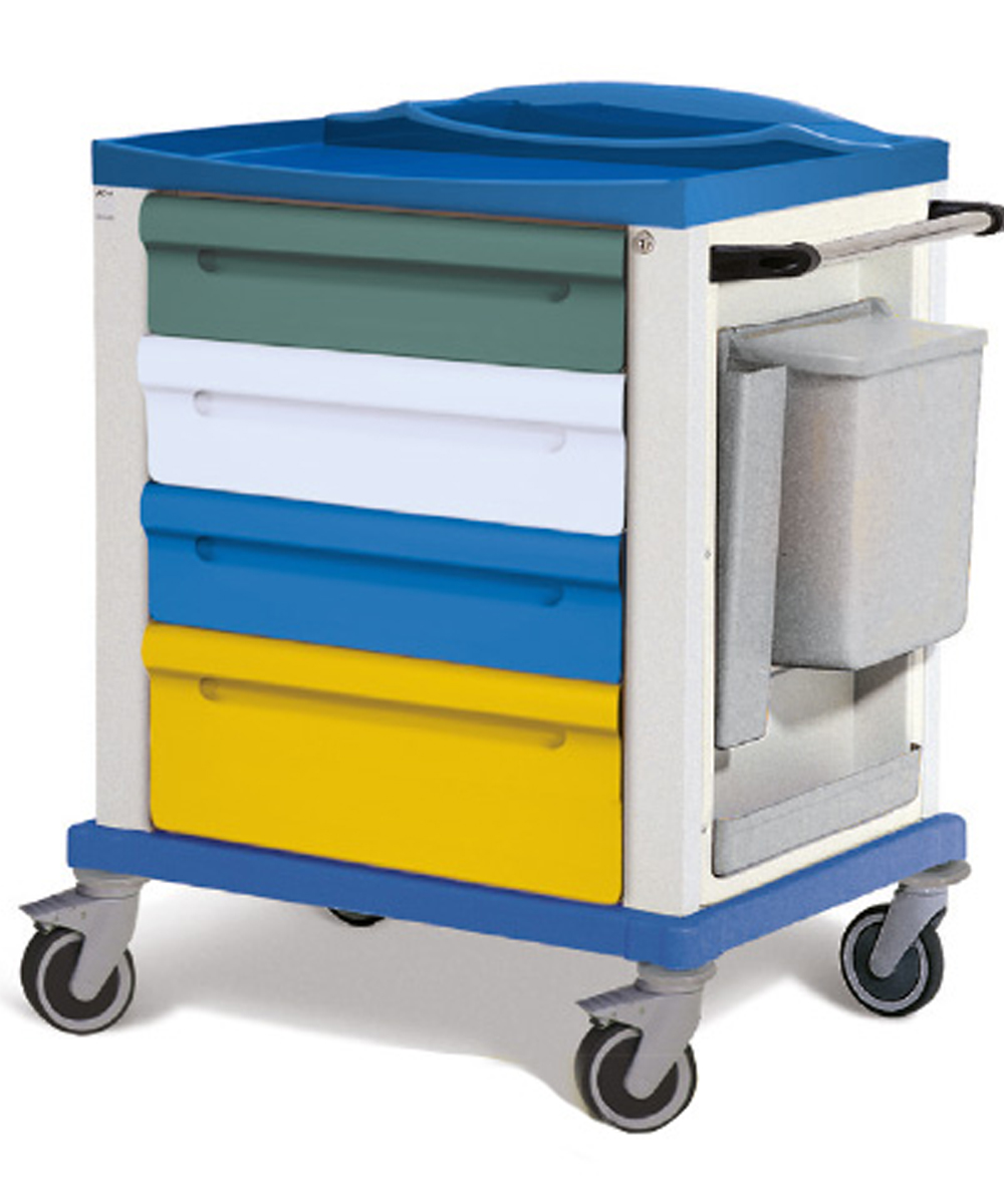 Carrello multifunzionale con 4 cassetti in plastica e struttura in acciaio verniciato, perfetto per ambienti sanitari. Ruote antifilo e piano di lavoro estraibile.