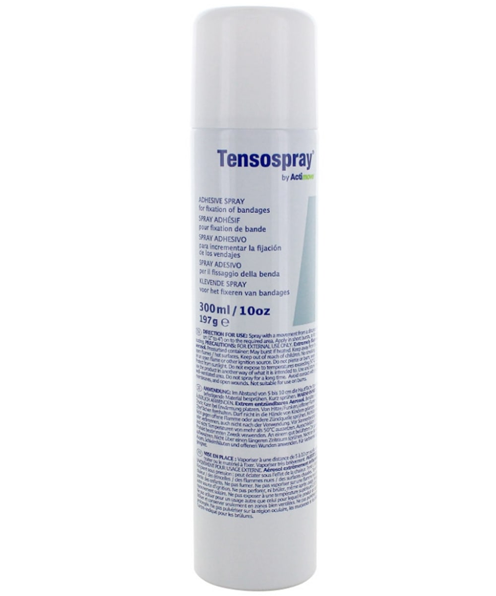 Tensospray spray adesivo protettivo trasparente per bendaggi e taping sportivo, ideale per preparazione cutanea e protezione della pelle.