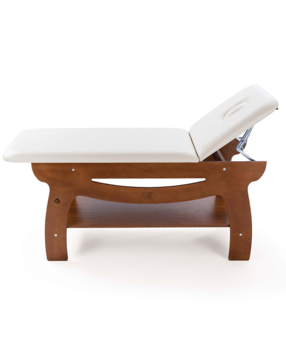 Lettino professionale Mandurah in legno di betulla con schienale regolabile, foro facciale e ripiano portaoggetti.