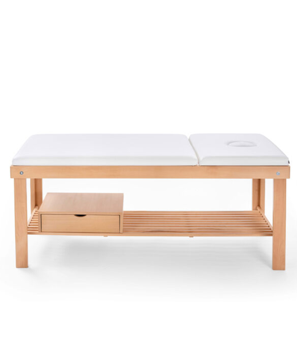 Lettino da massaggio in legno massello di faggio, con schienale regolabile, foro per il viso e ripiano portaoggetti. Perfetto per trattamenti professionali.