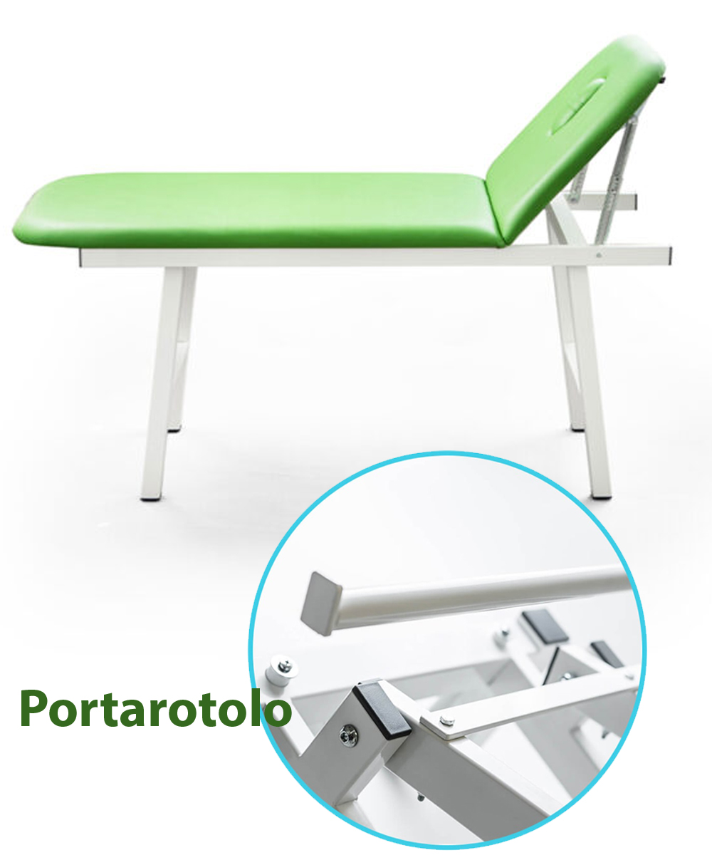 Lettino fisso professionale a due sezioni con struttura in acciaio, imbottitura lavabile e schienale regolabile. Perfetto per massaggi, estetica e fisioterapia.